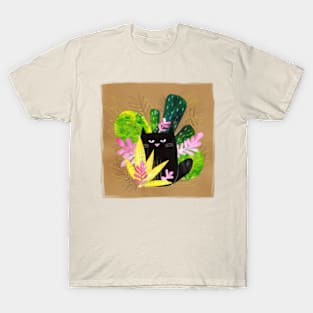 Beautiful black cat sits on a background of flowers, grass, plants. T-Shirt